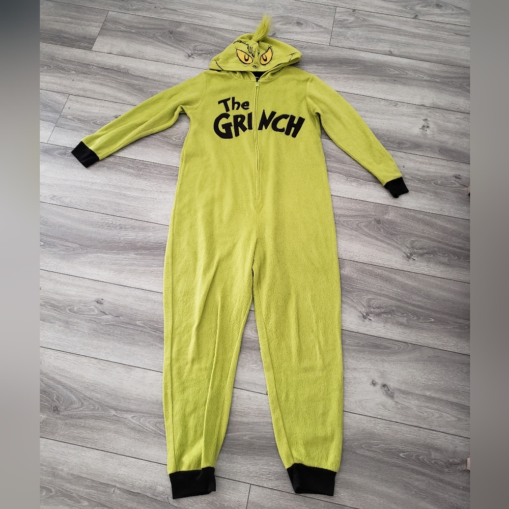 Dr. Seuss THE GRINCH 1-PIECE PAJAMA+HOOD ADULT LARGE Union Suit Fleece Faux Fur